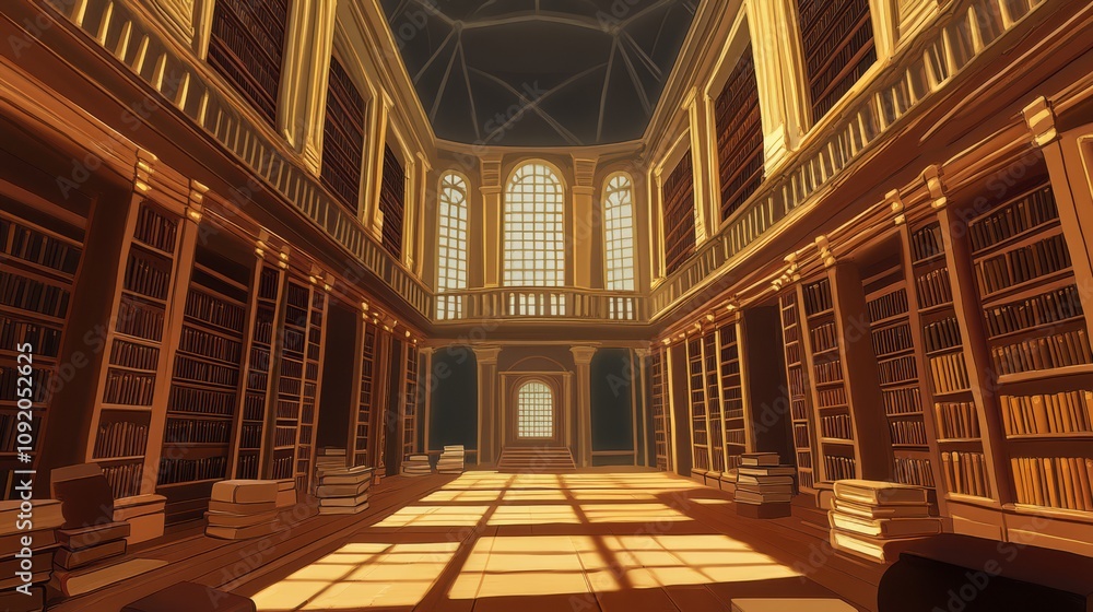 Obraz premium Grand library interior, bookshelves, sunlight.