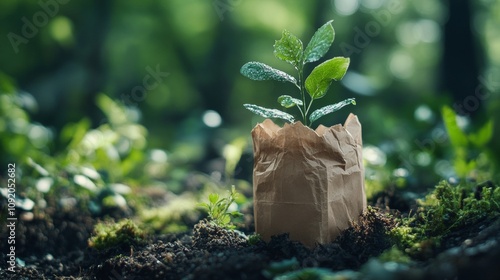 Sustainable Living, Young Plant Sprouting from Biodegradable Paper Bag in Lush Green Forest Setting photo