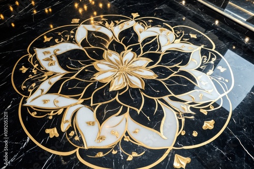 Elegant Floral Rangoli Design on Dark Background photo