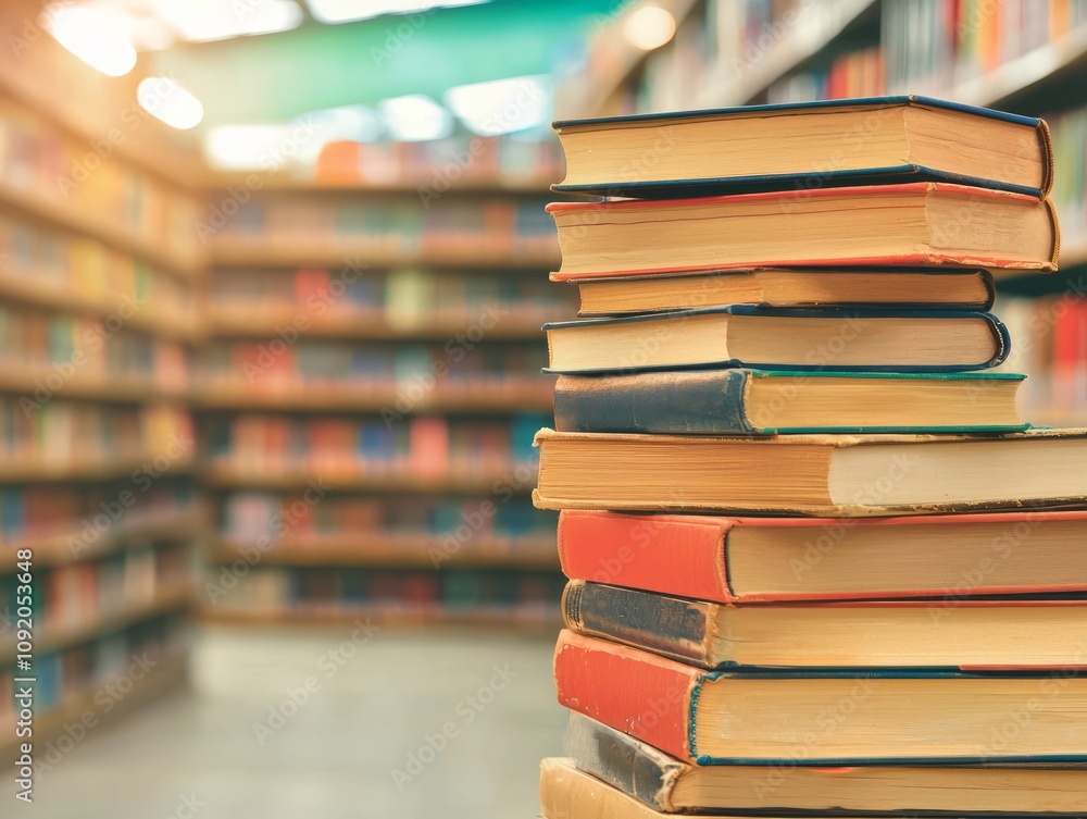 A stack of books in a library with shelves in the background. A stack of books in a library with shelves in the background.