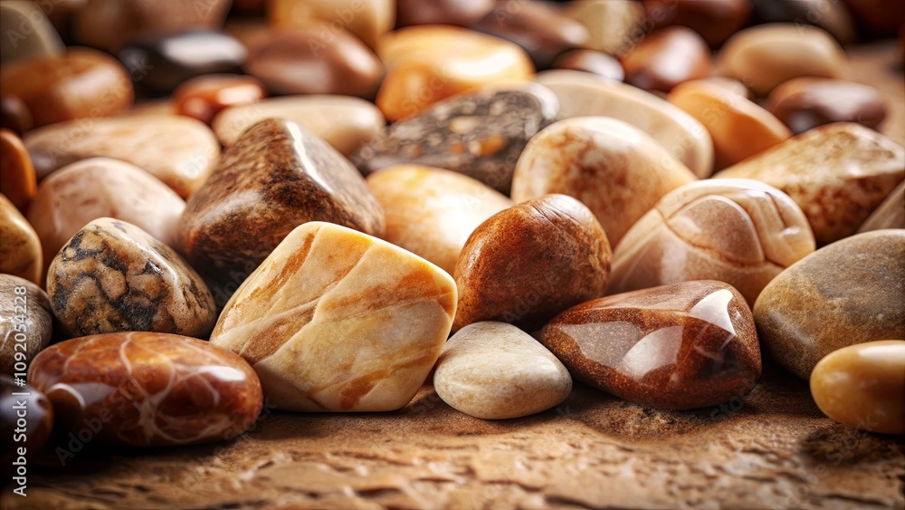 Fototapeta premium A close-up of smooth, polished river rocks with varied textures and colors, showcasing the natural beauty of these geological formations.