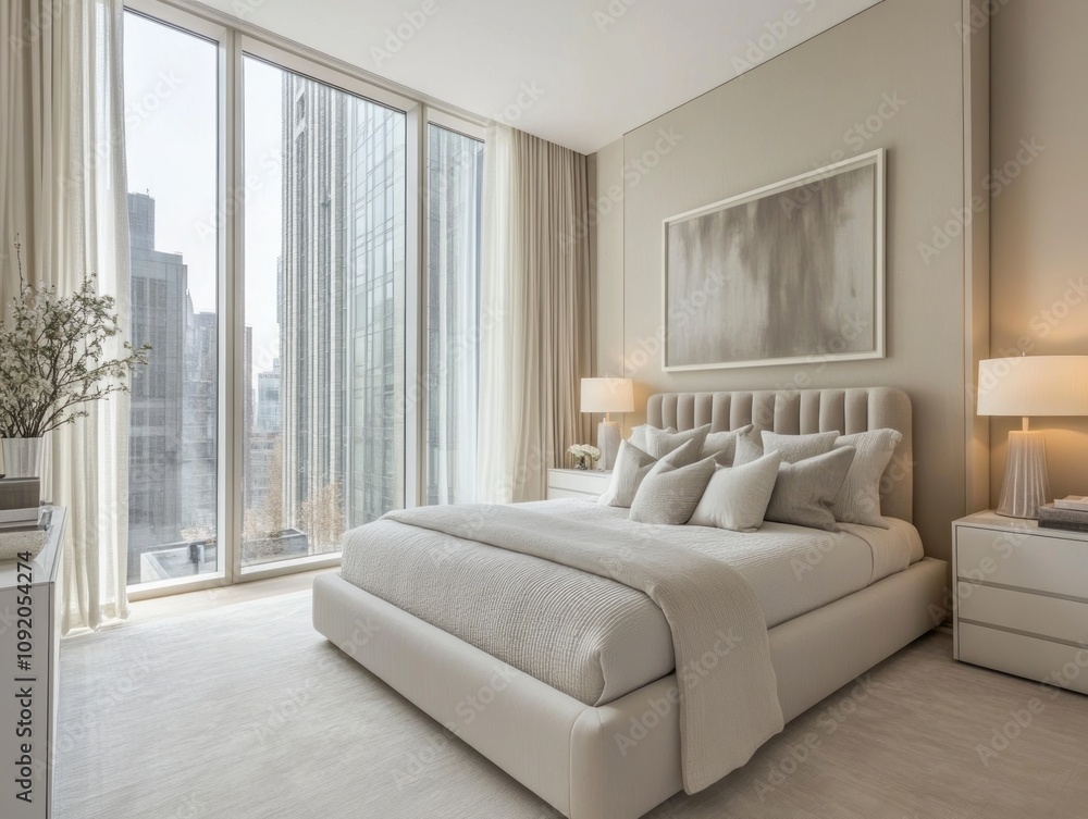 Fototapeta premium Modern Bedroom Design With City View And Neutral Tones