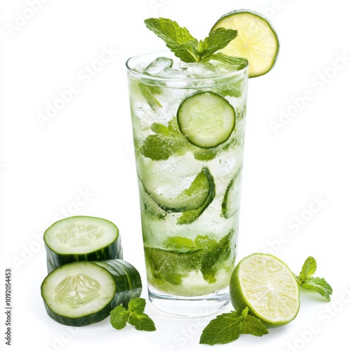 A refreshing cucumber mint mojito with muddled mint leaves and lime wedges, in a highball glass, isolated white background
