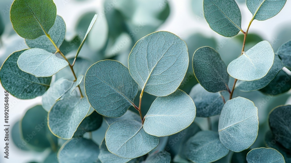 Close-up of eucalyptus leaves showcasing their texture and color. Close-up of eucalyptus leaves showcasing their texture and color.