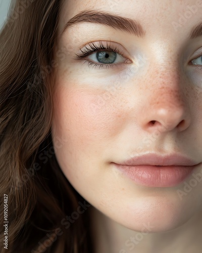 A close-up of a womanâ€™s face with radiant, healthy skin, no heavy makeup, and soft natural lighting that brings out her natural beauty, with space at the bottom for text overlay.