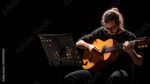 A musician in a dark, focused environment, playing a classical guitar with a music stand in front of them. photo