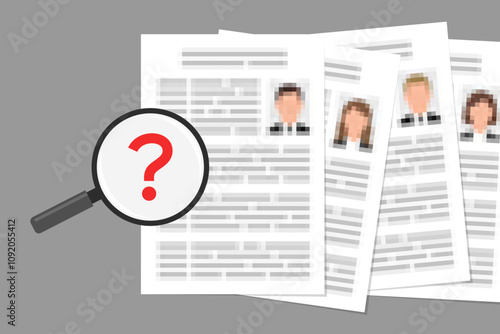 Files with blurred personal data, and magnifier with question mark