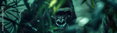 Reveal the mystery of the wild, a silhouette of a silverback gorilla in a holographic jungle, its intelligent eyes reflecting a virtual world of wonder