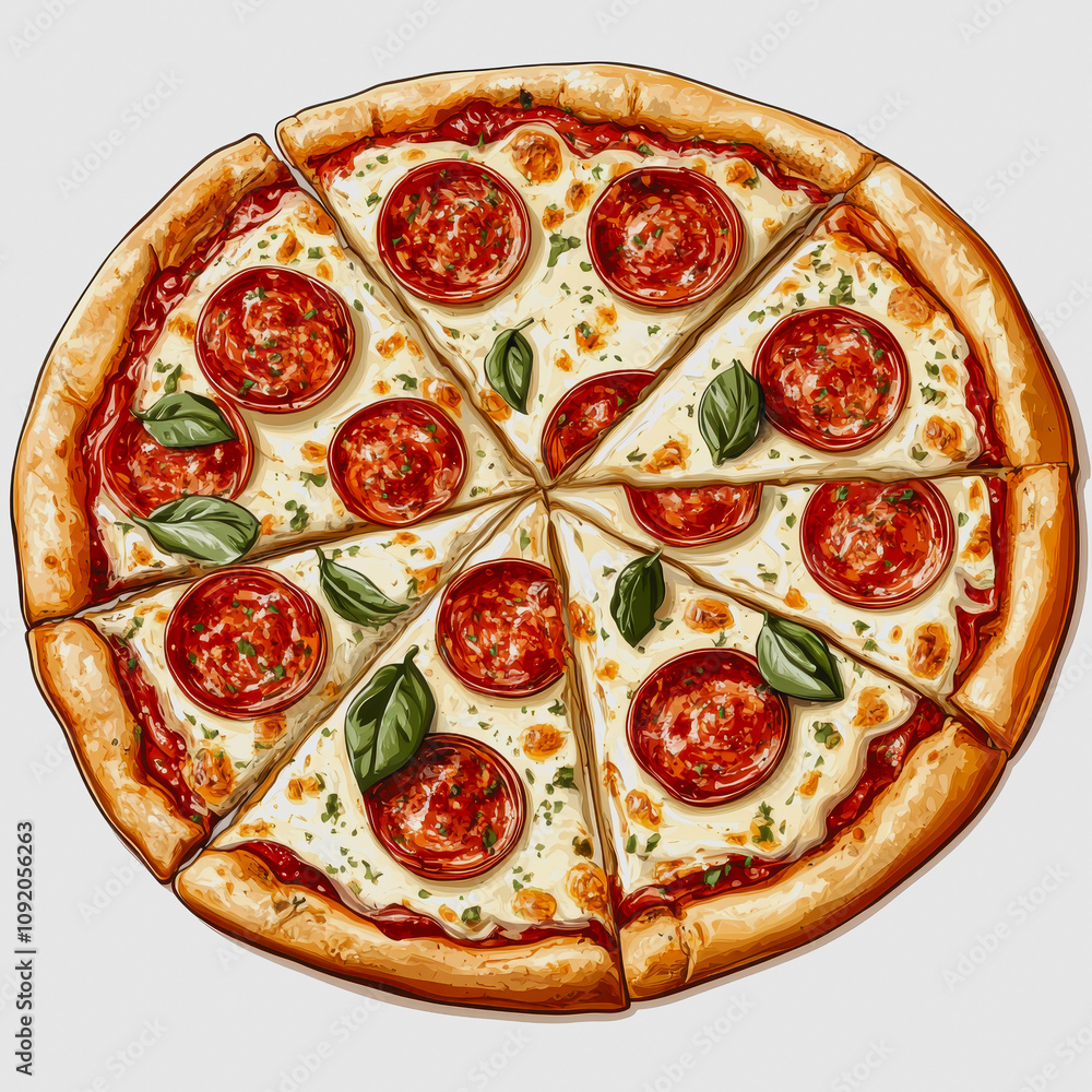 Delicious Pepperoni Pizza with Fresh Basil Leaves on a Light Gray Background, Perfect for Culinary and Food-Related Imagery in Stock Photography Delicious Pepperoni Pizza with Fresh Basil Leaves on a Light Gray Background, Perfect for Culinary and Food-Related Imagery in Stock Photography