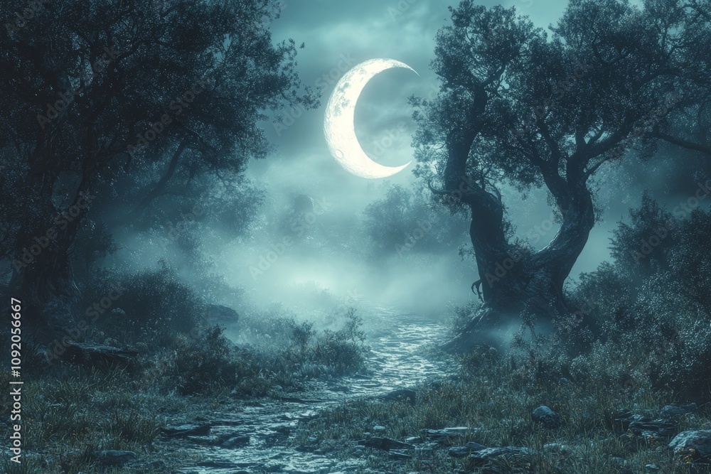 Fototapeta premium Mysterious moonlit forest scene at night.