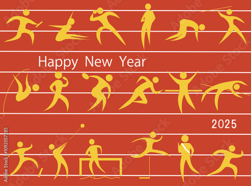 陸上競技のアイコンを背景にした2025年の年賀状素材です。