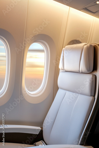 A white airplane seat with a window in front of it