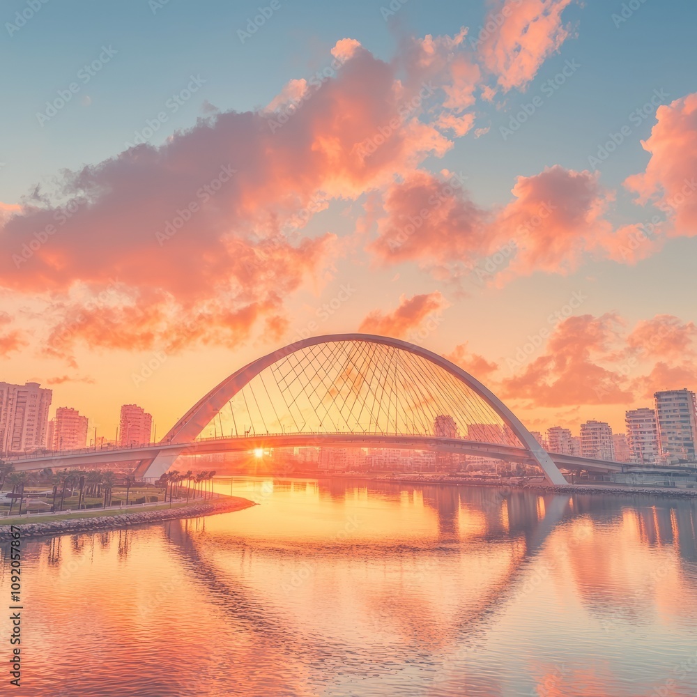 Obraz premium A stunning sunset view of a bridge reflecting in calm waters.