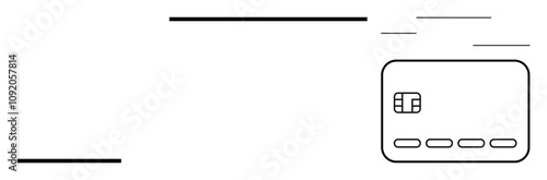 Credit card with chip and four dotted spaces, accompanied by horizontal lines indicating motion. Ideal for finance, technology, e-commerce, banking, transactions, security and speed. Line metaphor