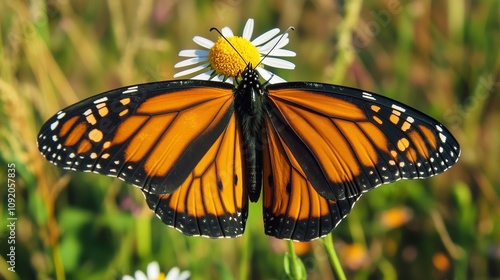 A vibrant monarch butterfly perches on a white daisy against a blurred grassy background, showcasing its striking orange and black wings.