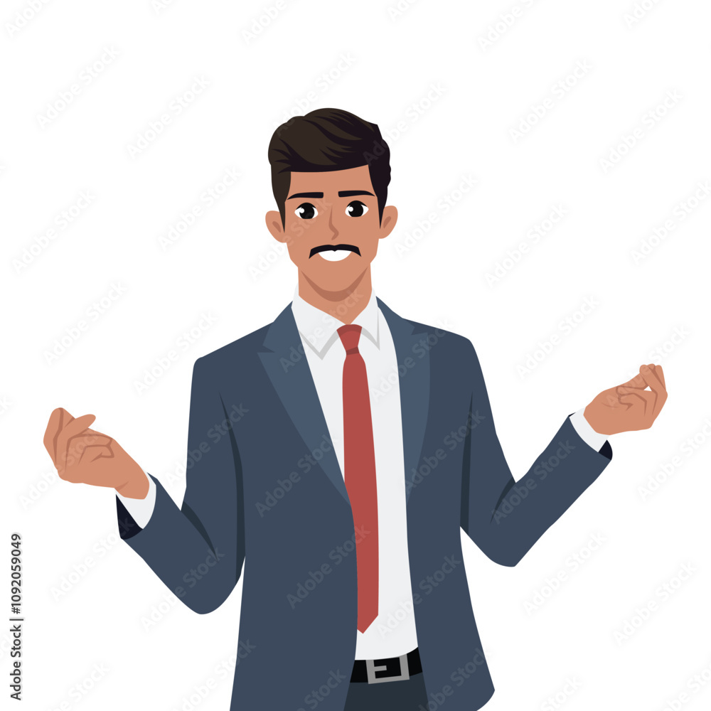Young Businessman asking money with hand sign. Flat Vector Character Isolated Young Businessman asking money with hand sign. Flat Vector Character Isolated