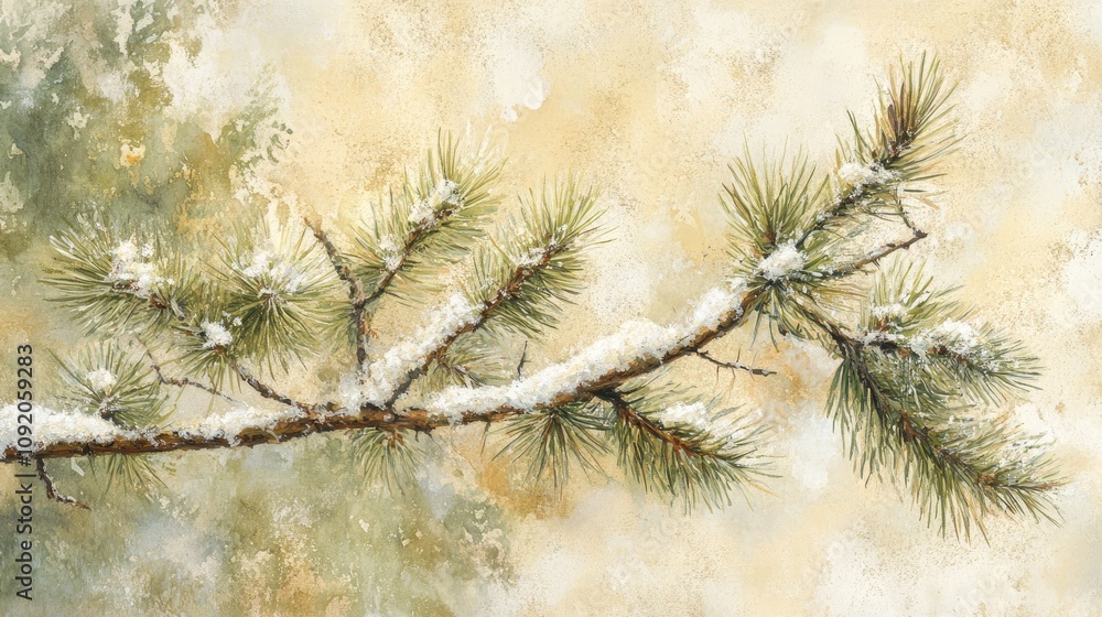Winter Pine Branch Covered with Snow, A Close-Up Watercolor Painting Winter Pine Branch Covered with Snow, A Close-Up Watercolor Painting