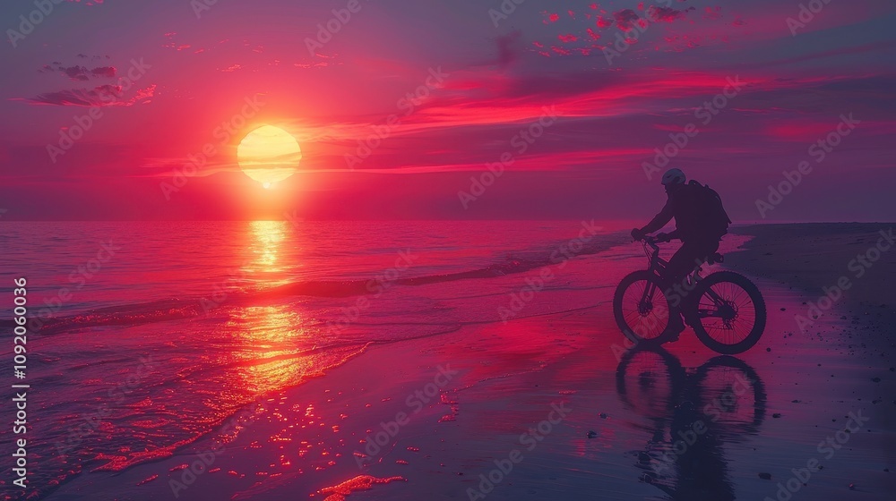 Fototapeta premium Cyclist Rides Bicycle at Sunset Beach Scene