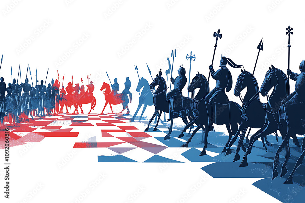 Obraz premium A stylized chess battle scene with knights and pawns in red and blue tones.