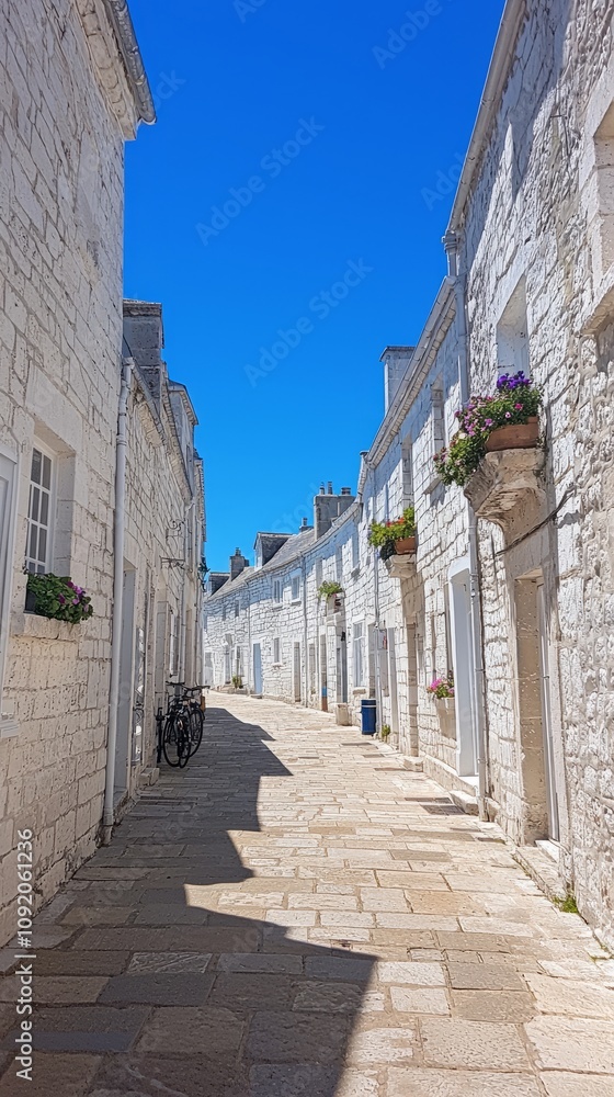 Obraz premium A sunny street lined with white buildings and vibrant flower pots.