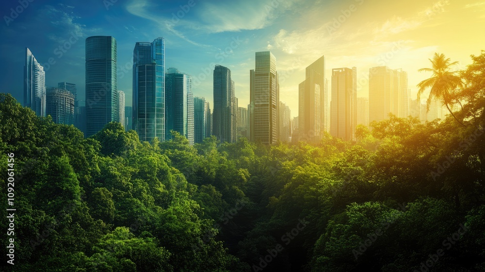 Obraz premium A futuristic cityscape blending with a lush forest, symbolizing imaginative utopian worlds.