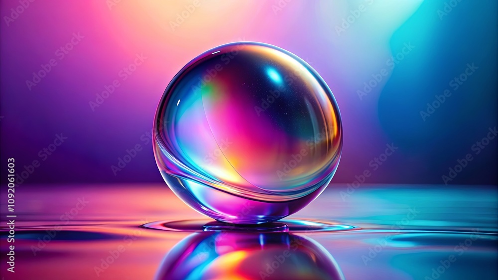 A single iridescent sphere sits on a reflective surface, illuminated by vibrant pink, purple, and blue light. The sphere's smooth surface creates a mesmerizing interplay of colors and light. A single iridescent sphere sits on a reflective surface, illuminated by vibrant pink, purple, and blue light. The sphere's smooth surface creates a mesmerizing interplay of colors and light.
