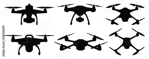 Set of drone silhouettes. isolated vector on white background.