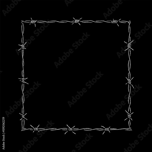 Barbed wire frame hand drawing vector isolated on black background.