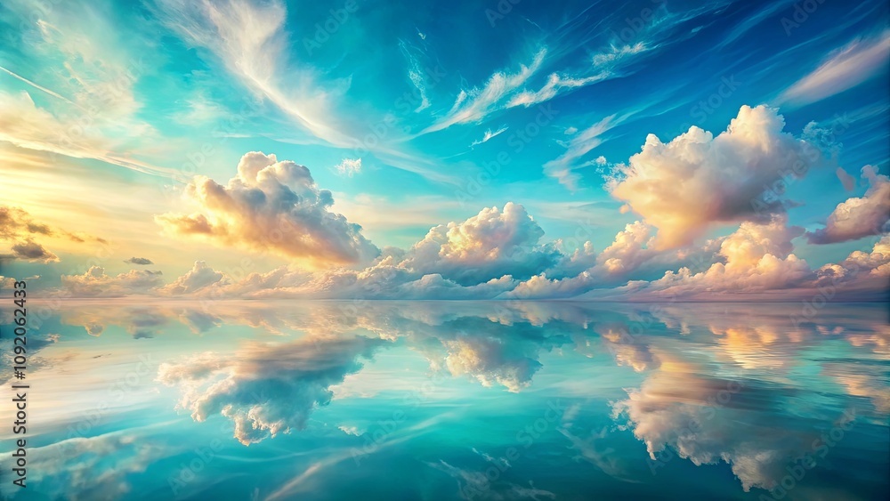A serene landscape of fluffy clouds reflecting in a calm body of water, casting a magical glow across the sky A serene landscape of fluffy clouds reflecting in a calm body of water, casting a magical glow across the sky