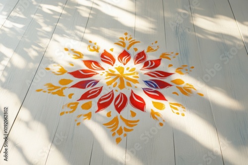 Bold Colorful Rangoli Design on Floor photo