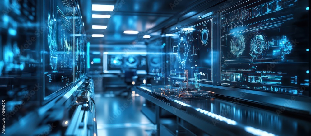 Fototapeta premium Futuristic control room with glowing blue screens displaying data and information.
