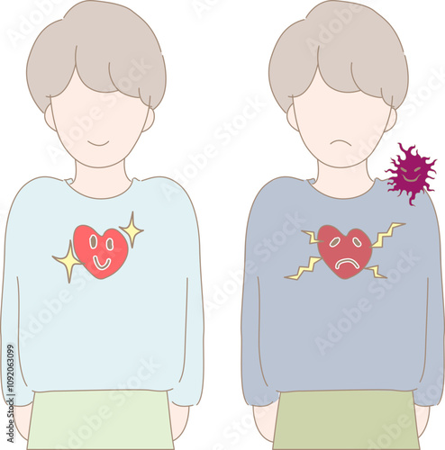 健康と病気の人と臓器。健康な臓器と病気になった臓器。