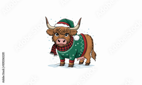 Festive highland cow wearing a Christmas sweater and hat