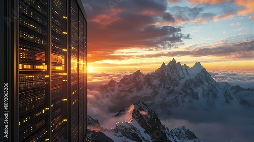 Server Farm on Mountaintop at Sunset Cloud Computing Data Center Technology Nature