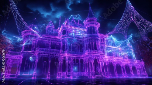 A glowing, ethereal Victorian mansion with a web-like pattern, illuminated by a neon-purple light, stands against a dramatic stormy sky. photo