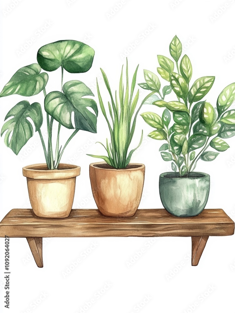Fototapeta premium Vibrant potted plants on a wooden shelf.
