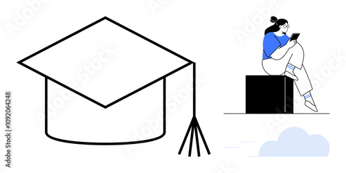 Graduation cap with tassel and a student sitting on a block using a tablet. Ideal for education, e-learning, technology, achievement, graduation, remote study, digital literacy. Line metaphor