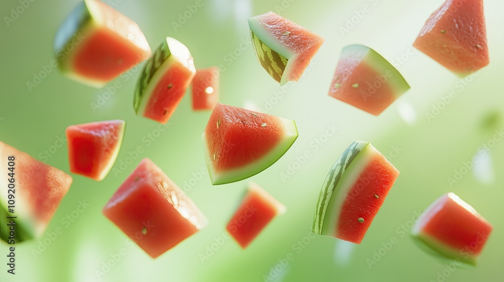 Fresh watermelon pieces floating against a light green backdrop in a summer vibe Fresh watermelon pieces floating against a light green backdrop in a summer vibe