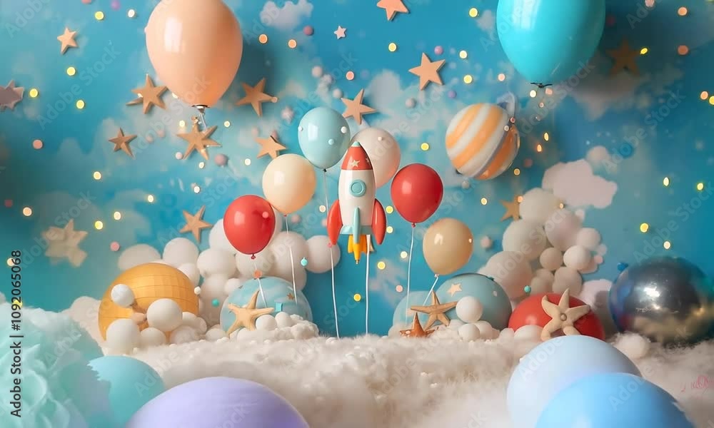 A colorful rocket is surrounded by balloons and other decorations