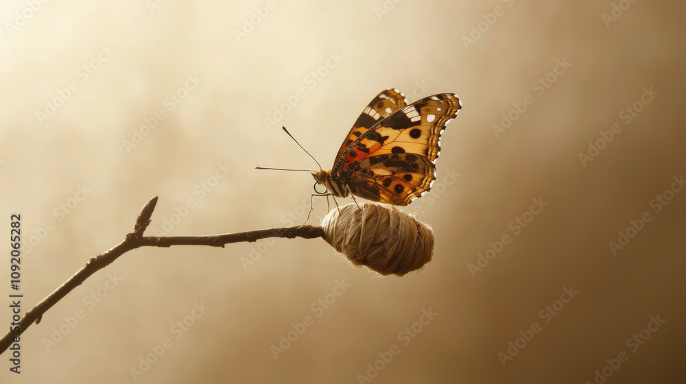 Obraz premium butterfly emerging from cocoon on fragile branch, symbolizing transformation and beauty