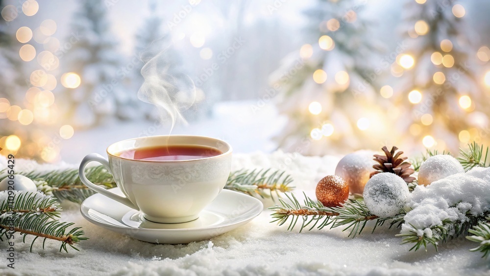 Winter-themed stock photo reflecting pure white and warm ambiance, featuring hot tea and exquisite decoration Winter-themed stock photo reflecting pure white and warm ambiance, featuring hot tea and exquisite decoration