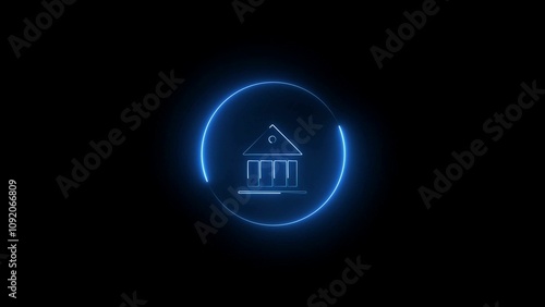 glowing neon bank sign icon with circle animation on black background.	
