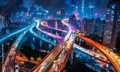 A cityscape with neon lights and a bridge in the middle