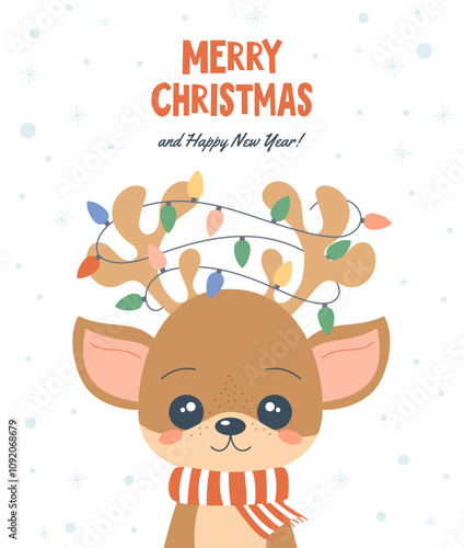 Cute Baby Reindeer Christmas Greeting Card Design.