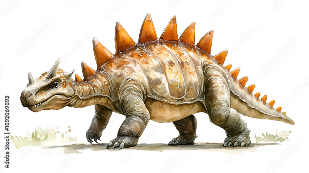 Fototapeta premium Watercolor Stegosaurus, illustration of an Ankylosaur with brown and orange scales on its back, walking sideways. White background