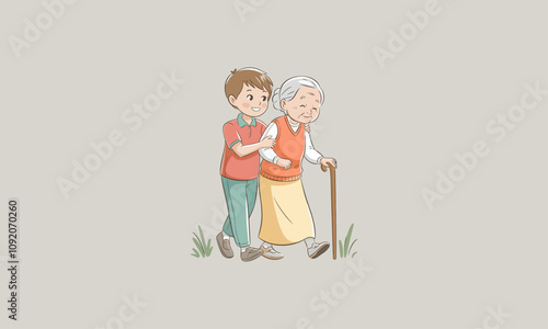 Grandchild helping grandmother walk with a cane