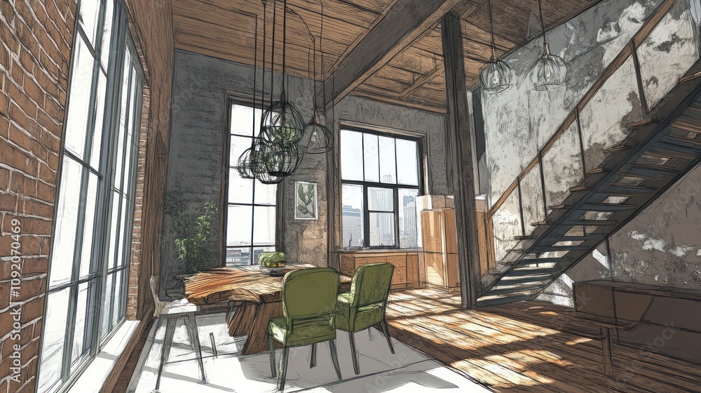 Modern loft interior with dining area, large windows, and staircase. Modern loft interior with dining area, large windows, and staircase.