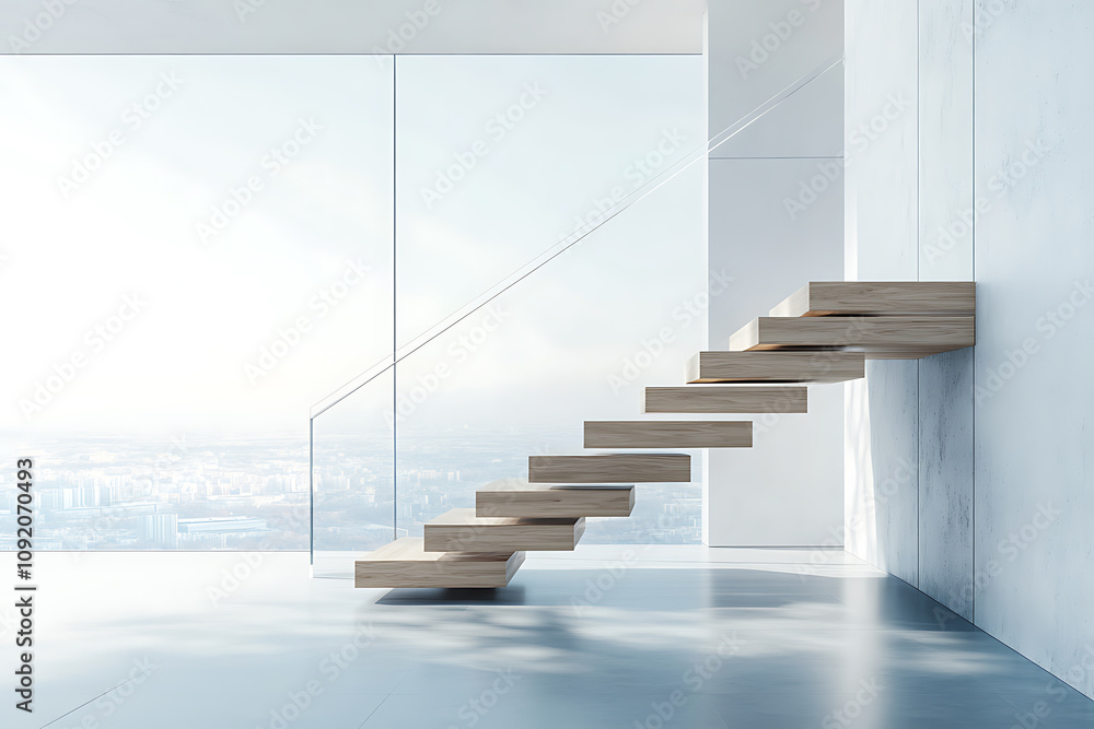 Obraz premium Modern Wooden Staircase with City View: Contemporary Interior Design. Elegant, minimalist architecture in a luxury home. Stunning city views from large windows.
