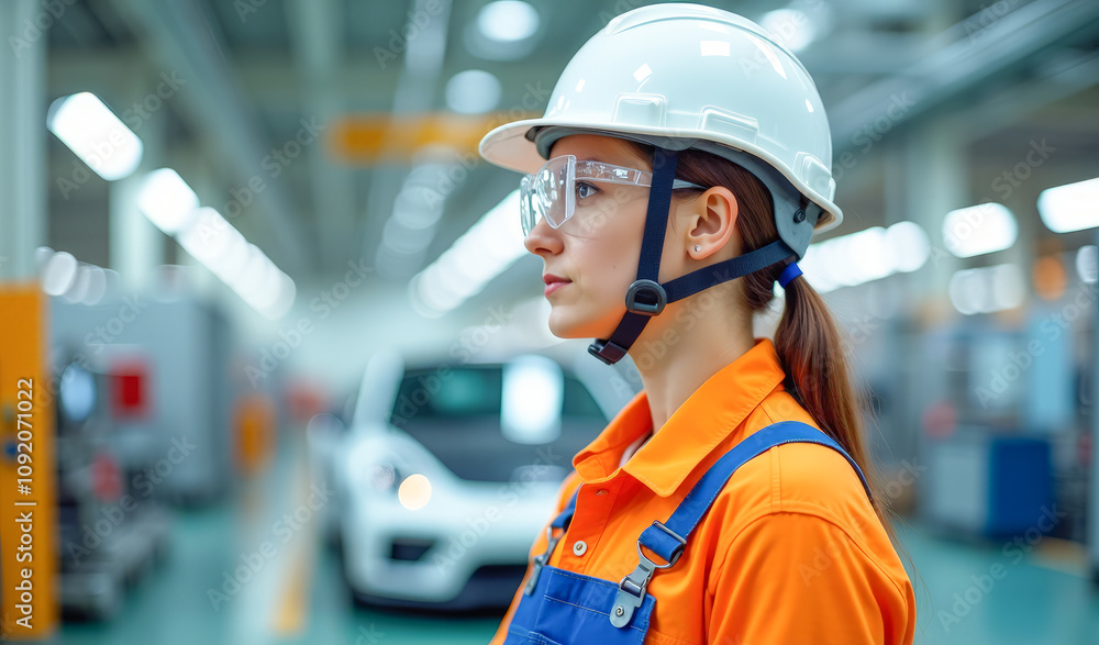 a female worker in a hard hat at a car factory a female worker in a hard hat at a car factory