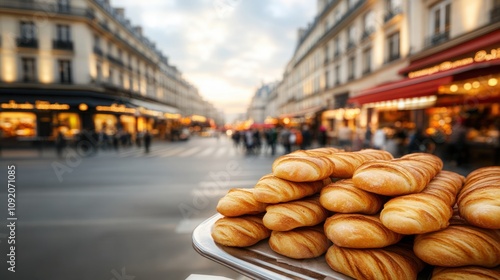 Freshly Baked Pastries on a Silver Tray with Parisian Street Scene in Background, Filled with Warmth, Charm, and Vibrant City Life photo